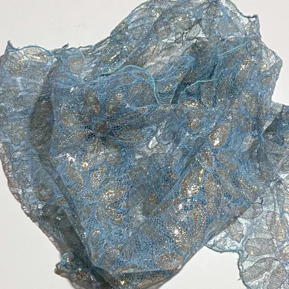 Vintage Blue Silver & Gold Lace Scalloped Edge Kerchief Scarf Ascot Unisex